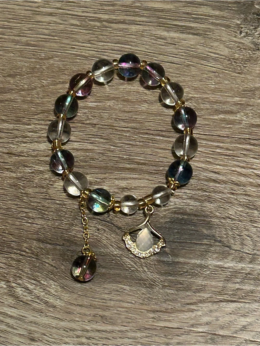 Gold Charm Multi-Color Iridescent Bead Bracelet